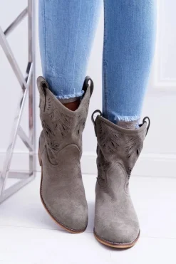 Damskie Boto Botki Damskie Na Słupku Wsuwane Kowbojki Oliwkowe Lalu