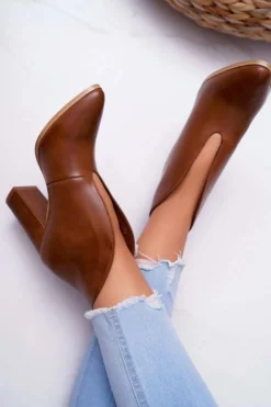 Boto Botki Na Słupku|Botki Zimowe Damskie*Botki Damskie Na Słupku Wsuwane z Wycięciami Brązowe Mantana