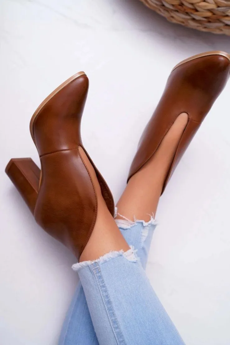 Boto Botki Na Słupku|Botki Zimowe Damskie*Botki Damskie Na Słupku Wsuwane z Wycięciami Brązowe Mantana