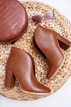 Boto Botki Na Słupku|Botki Zimowe Damskie*Botki Damskie Na Słupku Wsuwane z Wycięciami Brązowe Mantana