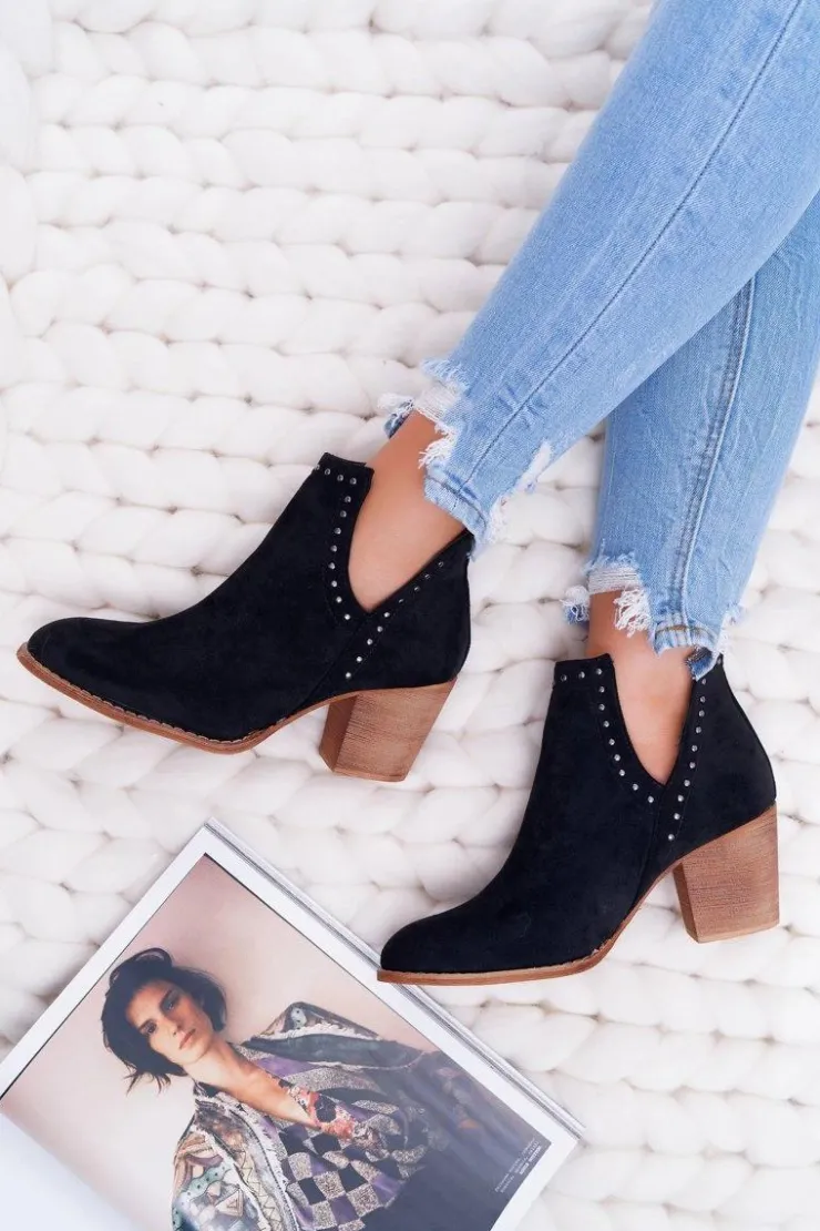 Boto Botki Damskie Na Słupku Wsuwane z Wycięciami Czarne ManiMani