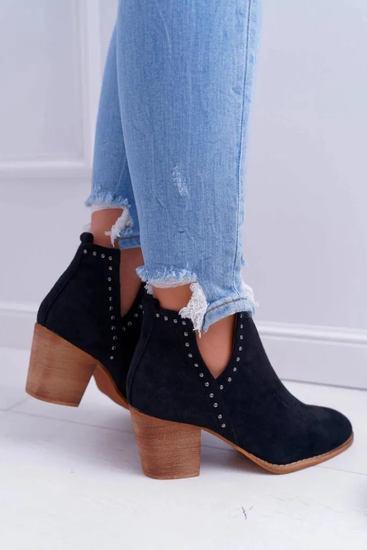 Boto Botki Damskie Na Słupku Wsuwane z Wycięciami Czarne ManiMani