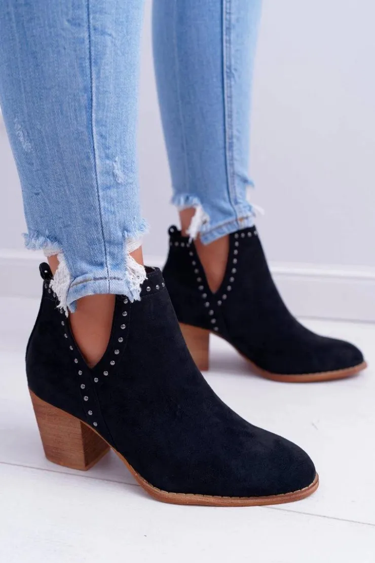 Boto Botki Damskie Na Słupku Wsuwane z Wycięciami Czarne ManiMani