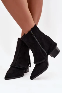 Damskie Boto Botki Damskie Na Słupku Z Wywiniętą Cholewką Czarne Idalia