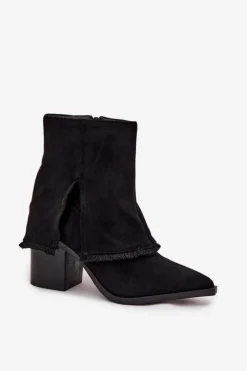 Damskie Boto Botki Damskie Na Słupku Z Wywiniętą Cholewką Czarne Idalia