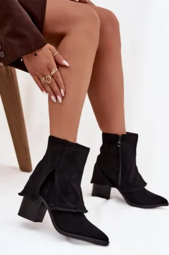 Damskie Boto Botki Damskie Na Słupku Z Wywiniętą Cholewką Czarne Idalia