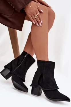 Damskie Boto Botki Damskie Na Słupku Z Wywiniętą Cholewką Czarne Idalia