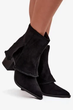 Damskie Boto Botki Damskie Na Słupku Z Wywiniętą Cholewką Czarne Idalia