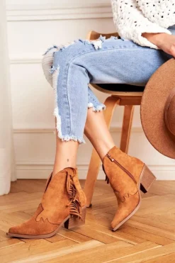 Damskie Boto Botki Damskie Na Słupku Z Frędzlami Kowbojki Camel Sibi