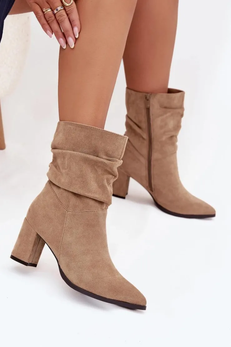 Best Boto Botki Damskie Na Słupku Z Marszczeniem Ocieplane Beżowe Amelise Beżowy