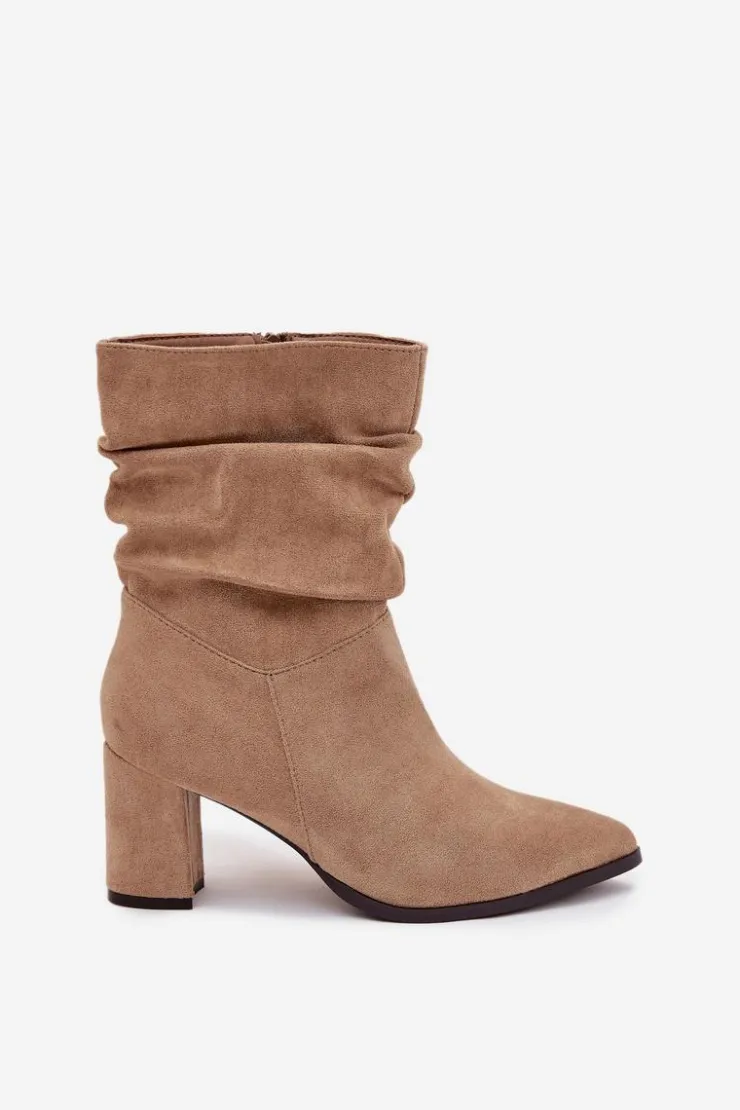 Best Boto Botki Damskie Na Słupku Z Marszczeniem Ocieplane Beżowe Amelise Beżowy