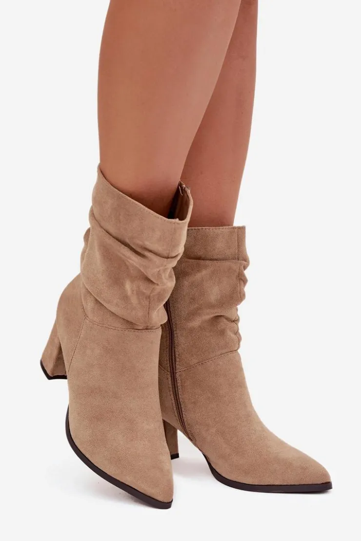 Best Boto Botki Damskie Na Słupku Z Marszczeniem Ocieplane Beżowe Amelise Beżowy