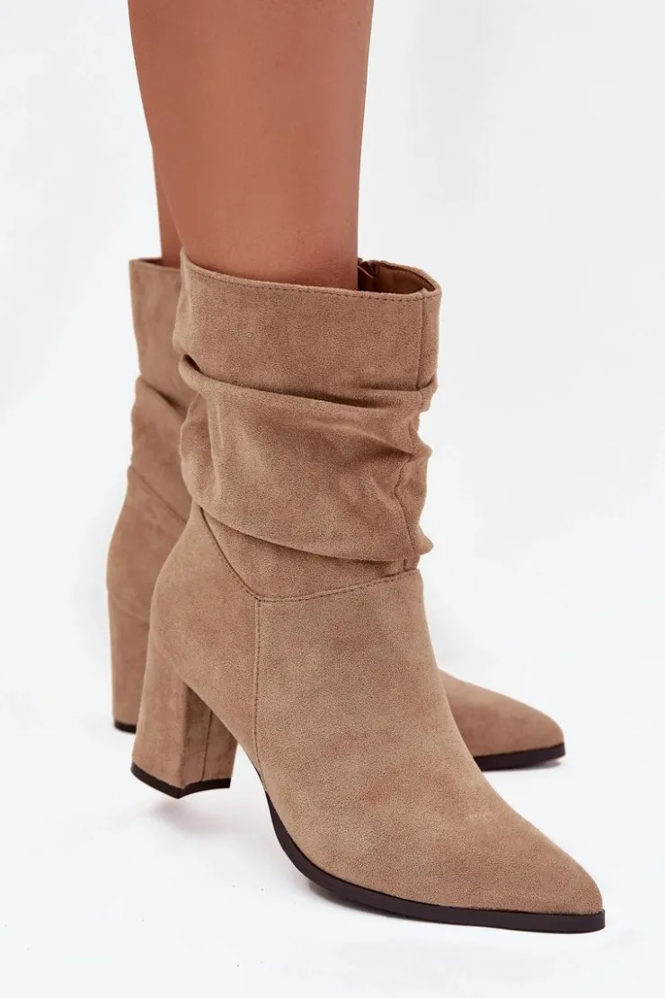 Best Boto Botki Damskie Na Słupku Z Marszczeniem Ocieplane Beżowe Amelise Beżowy