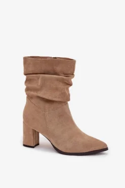 Best Boto Botki Damskie Na Słupku Z Marszczeniem Ocieplane Beżowe Amelise Beżowy