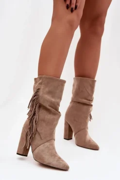 Damskie Boto Botki Damskie Na Słupku Z Frędzlami I Marszczeniem Ocieplane Beżowe Darlina