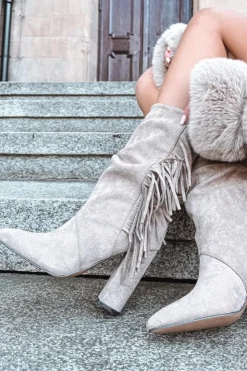 Damskie Boto Botki Damskie Na Słupku Z Frędzlami I Marszczeniem Ocieplane Beżowe Darlina