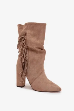 Damskie Boto Botki Damskie Na Słupku Z Frędzlami I Marszczeniem Ocieplane Beżowe Darlina