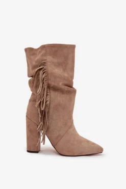 Damskie Boto Botki Damskie Na Słupku Z Frędzlami I Marszczeniem Ocieplane Beżowe Darlina