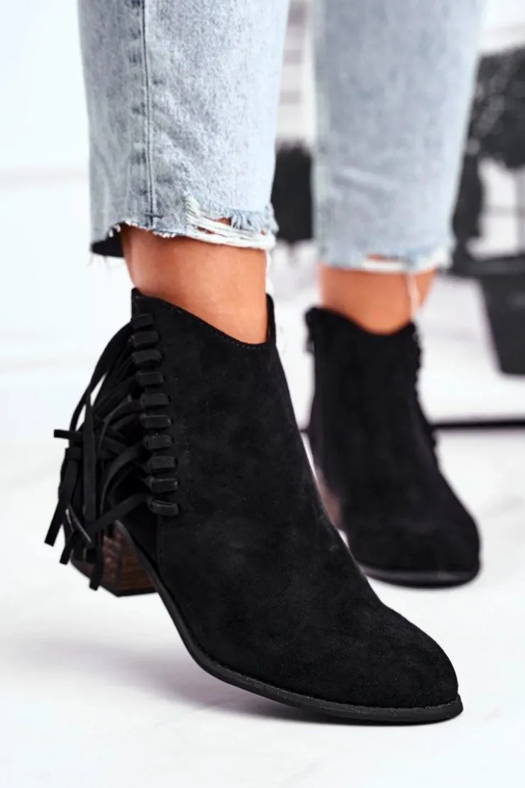 Boto Botki Damskie Na Słupku Z Frędzlami Kowbojki Czarne Mirage