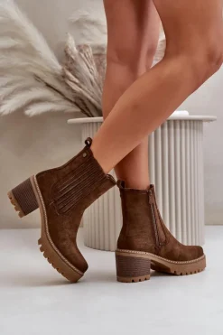 Boto Botki Ocieplane|Brązowe I Beżowe Botki*Botki Damskie Na Słupku Z Eko Zamszu Ocieplane Ciemnobrązowe Nevitas Brązowy