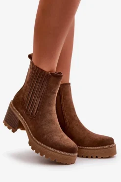 Boto Botki Ocieplane|Brązowe I Beżowe Botki*Botki Damskie Na Słupku Z Eko Zamszu Ocieplane Ciemnobrązowe Nevitas Brązowy