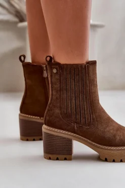 Boto Botki Ocieplane|Brązowe I Beżowe Botki*Botki Damskie Na Słupku Z Eko Zamszu Ocieplane Ciemnobrązowe Nevitas Brązowy
