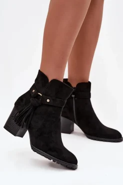 Best Boto Botki Damskie Na Słupku Z Frędzlami Czarne Rosabella Czarny