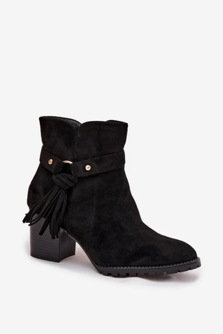 Best Boto Botki Damskie Na Słupku Z Frędzlami Czarne Rosabella Czarny