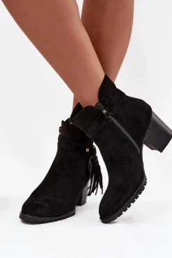 Best Boto Botki Damskie Na Słupku Z Frędzlami Czarne Rosabella Czarny