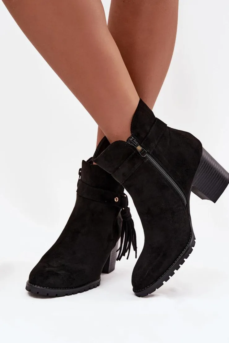 Best Boto Botki Damskie Na Słupku Z Frędzlami Czarne Rosabella Czarny