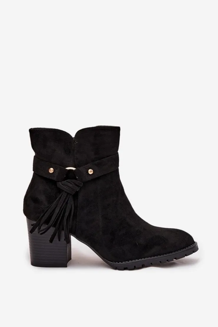 Best Boto Botki Damskie Na Słupku Z Frędzlami Czarne Rosabella Czarny