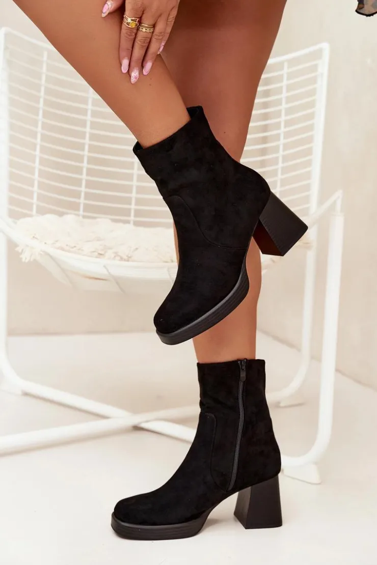 Damskie Boto Botki Damskie Na Słupku Z Eko Zamszu Zamek Czarne Serinna