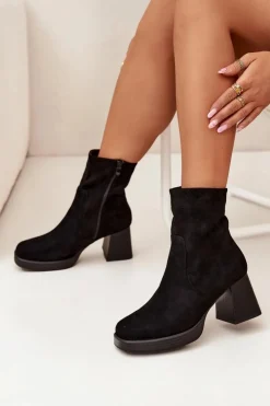 Damskie Boto Botki Damskie Na Słupku Z Eko Zamszu Zamek Czarne Serinna