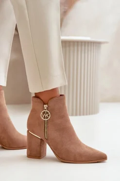 Boto Brązowe I Beżowe Botki|Botki Na Obcasie*Botki Damskie Na Słupku Z Noskami W Szpic Eko Zamszowe Ocieplane Brązowe Raisha