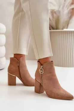 Boto Brązowe I Beżowe Botki|Botki Na Obcasie*Botki Damskie Na Słupku Z Noskami W Szpic Eko Zamszowe Ocieplane Brązowe Raisha