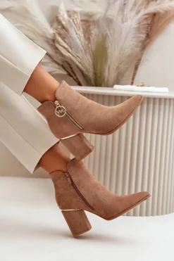 Boto Brązowe I Beżowe Botki|Botki Na Obcasie*Botki Damskie Na Słupku Z Noskami W Szpic Eko Zamszowe Ocieplane Brązowe Raisha