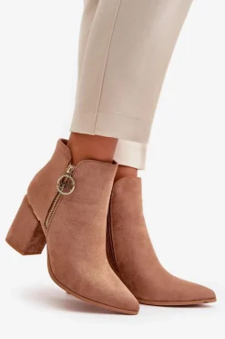 Boto Brązowe I Beżowe Botki|Botki Na Obcasie*Botki Damskie Na Słupku Z Noskami W Szpic Eko Zamszowe Ocieplane Brązowe Raisha