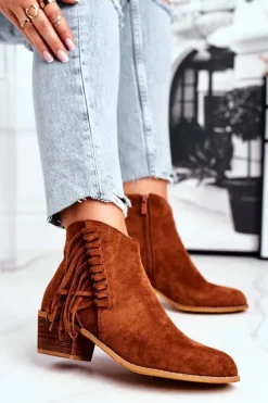 Damskie Boto Botki Damskie Na Słupku Z Frędzlami Kowbojki Camel Mirage