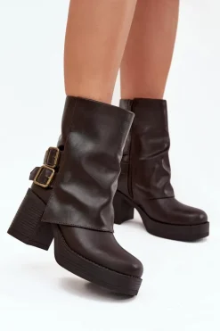 Boto Botki Na Obcasie*Botki Damskie Na Słupku Z Klamrami Czekoladowe Marena Brązowy