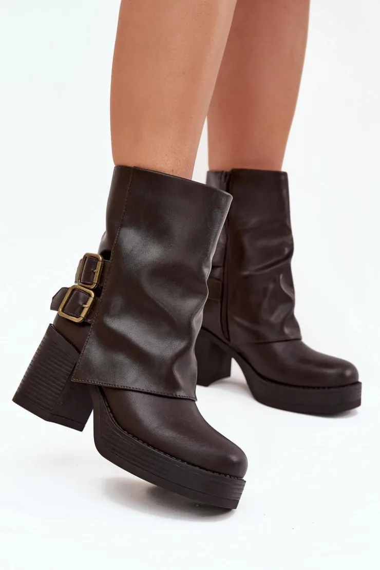 Boto Botki Na Obcasie*Botki Damskie Na Słupku Z Klamrami Czekoladowe Marena Brązowy
