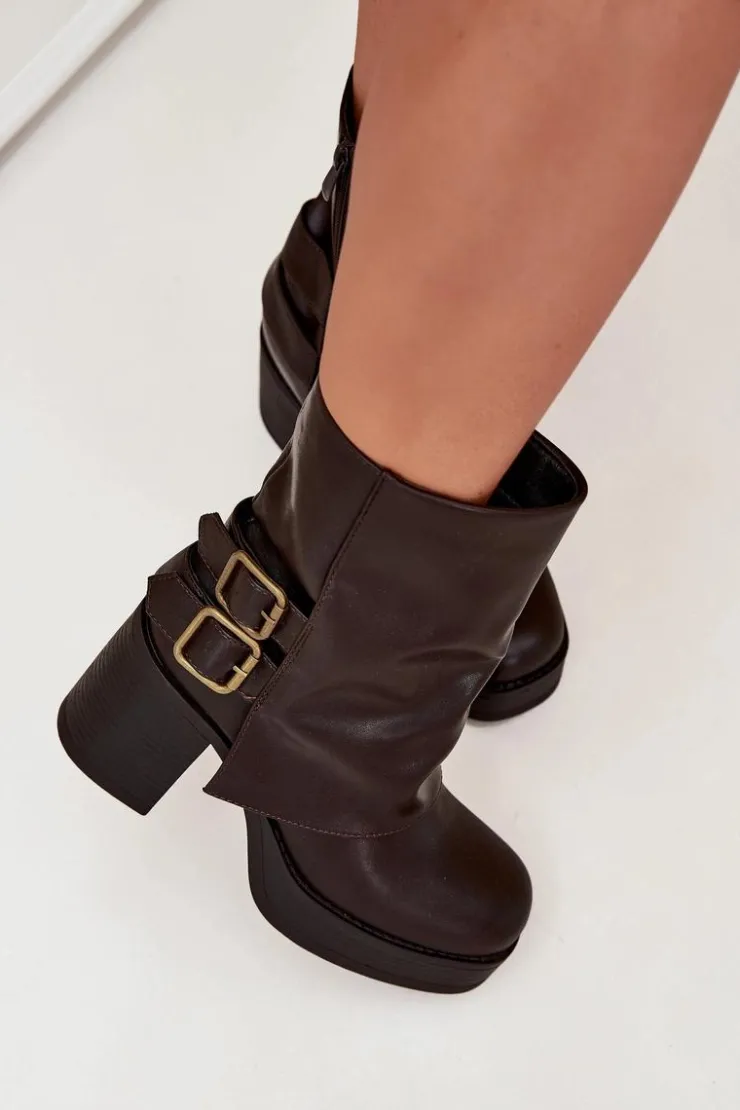 Boto Botki Na Obcasie*Botki Damskie Na Słupku Z Klamrami Czekoladowe Marena Brązowy