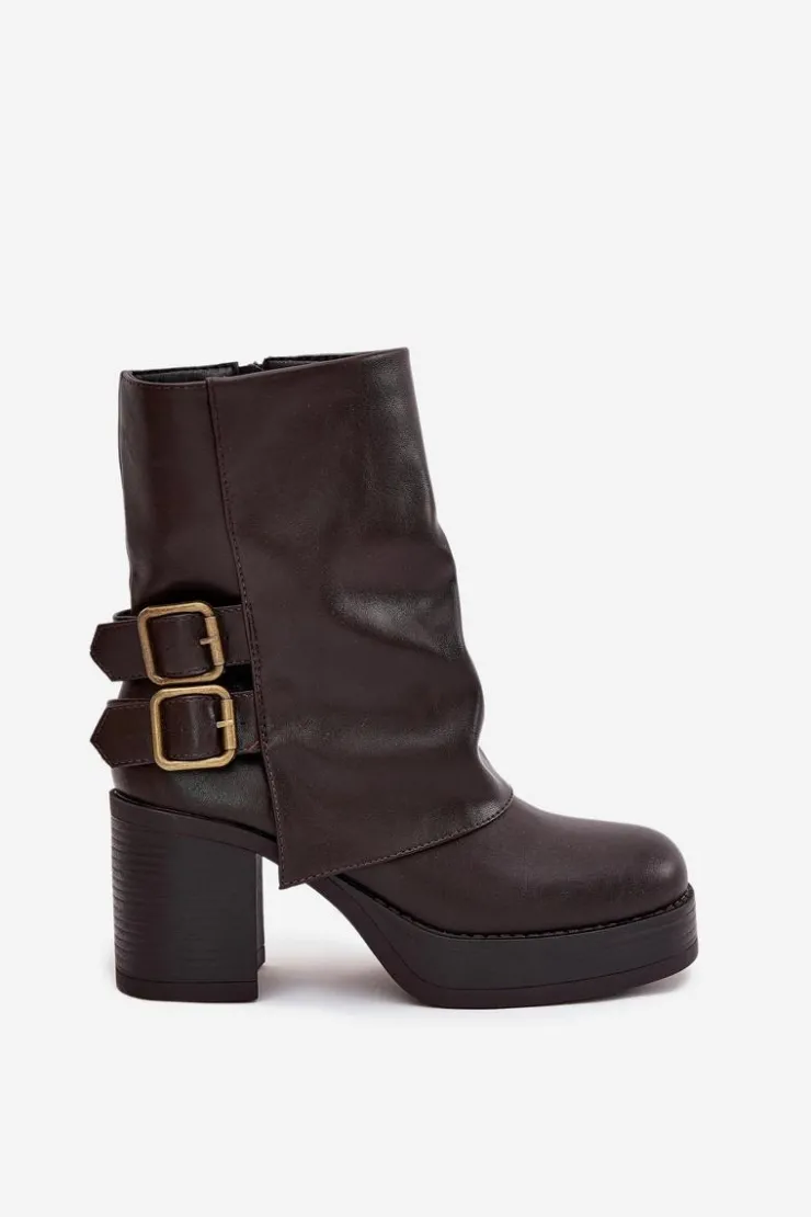Boto Botki Na Obcasie*Botki Damskie Na Słupku Z Klamrami Czekoladowe Marena Brązowy