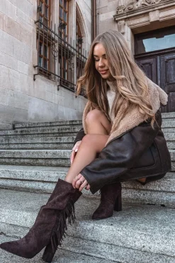 Boto Botki Ocieplane|Botki Na Słupku*Botki Damskie Na Słupku Z Frędzlami I Marszczeniem Ocieplane Czekoladowe Darlina Brązowy