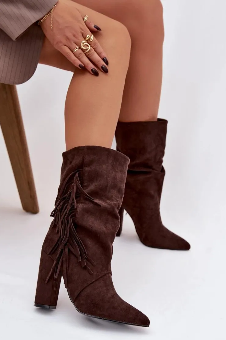 Boto Botki Ocieplane|Botki Na Słupku*Botki Damskie Na Słupku Z Frędzlami I Marszczeniem Ocieplane Czekoladowe Darlina Brązowy