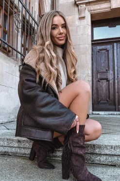 Boto Botki Ocieplane|Botki Na Słupku*Botki Damskie Na Słupku Z Frędzlami I Marszczeniem Ocieplane Czekoladowe Darlina Brązowy