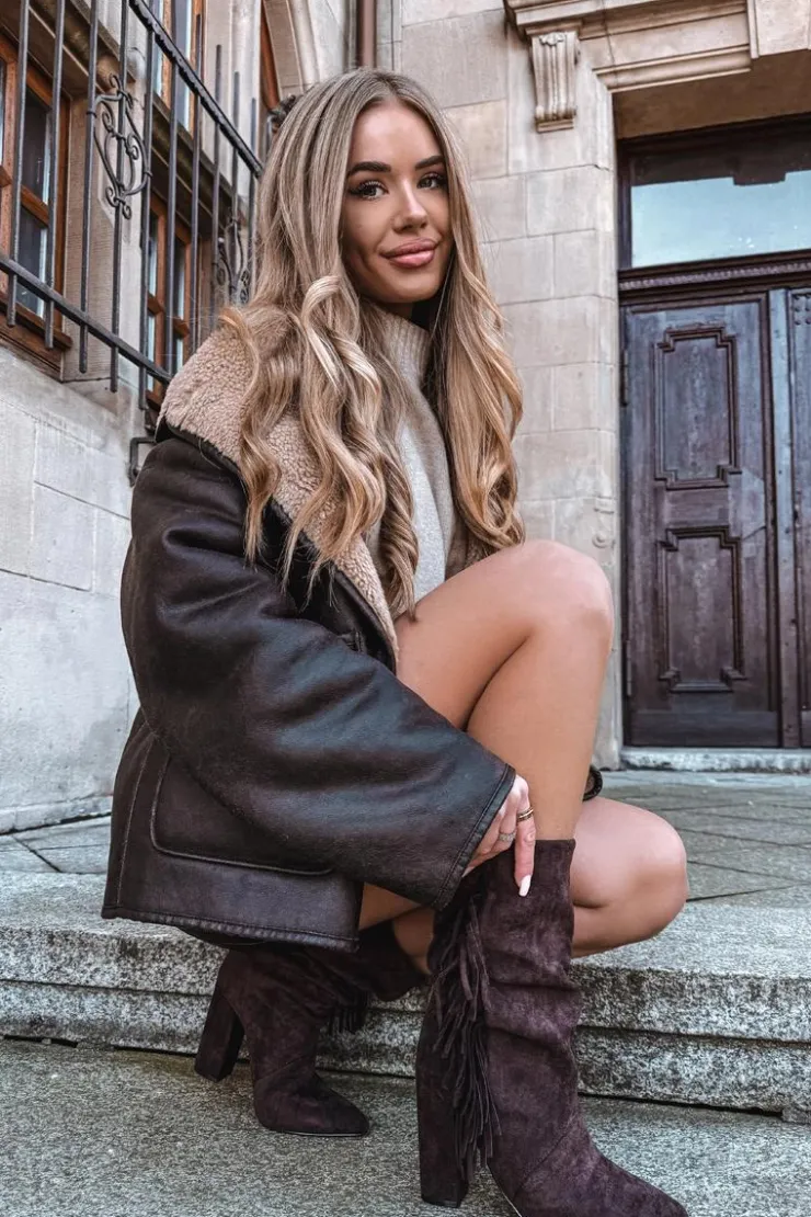 Boto Botki Ocieplane|Botki Na Słupku*Botki Damskie Na Słupku Z Frędzlami I Marszczeniem Ocieplane Czekoladowe Darlina Brązowy