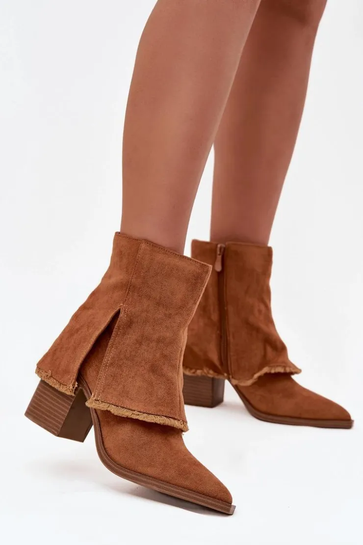Discount Boto Botki Damskie Na Słupku Z Wywiniętą Cholewką Camel Idalia Brązowy