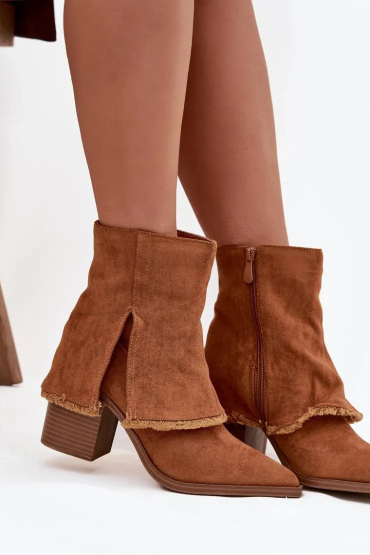 Discount Boto Botki Damskie Na Słupku Z Wywiniętą Cholewką Camel Idalia Brązowy
