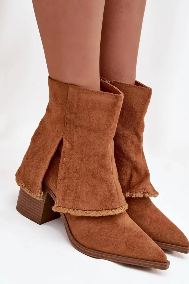 Discount Boto Botki Damskie Na Słupku Z Wywiniętą Cholewką Camel Idalia Brązowy