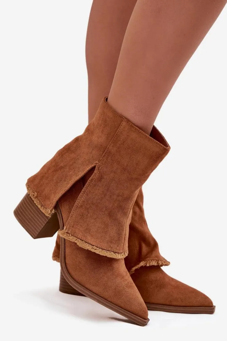 Discount Boto Botki Damskie Na Słupku Z Wywiniętą Cholewką Camel Idalia Brązowy